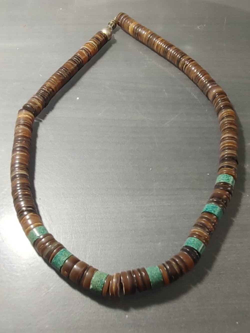 Vintage Native American Necklace Brown Shell Heishi Turquoise - Picture 2 of 6